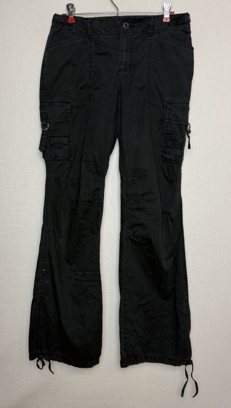 Express Women Black Cotton Cargo Pants 90s Y2K Flare Leg Utility Pockets Size 6